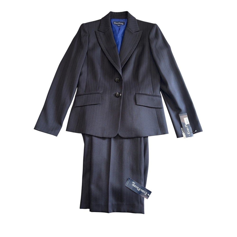 NWT Evan-Picone Womens 2PC Pinstripe Pant Suit Black Cobalt Blue 8 50020151-9JU
